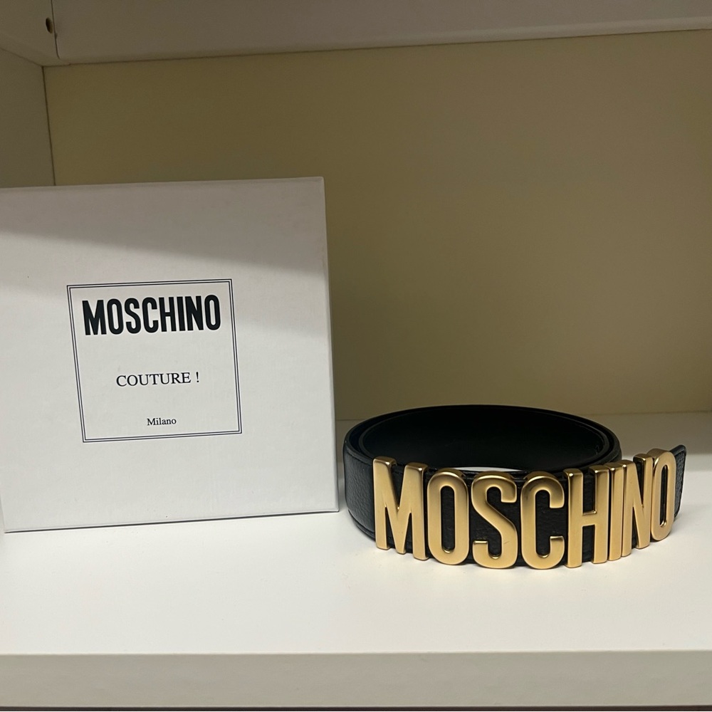 Moschino Black Belt with Gold Lettering